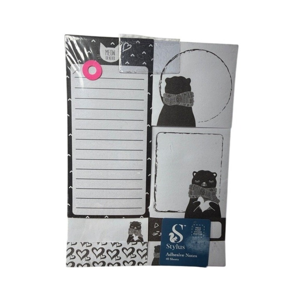 Stylus Adhesive Notes Stationery Set Black Cat‎ Hearts 40 Sheets NEW